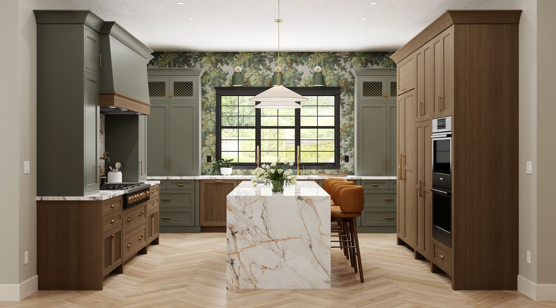 Transitional kitchen with marble waterfall island and green cabinetry